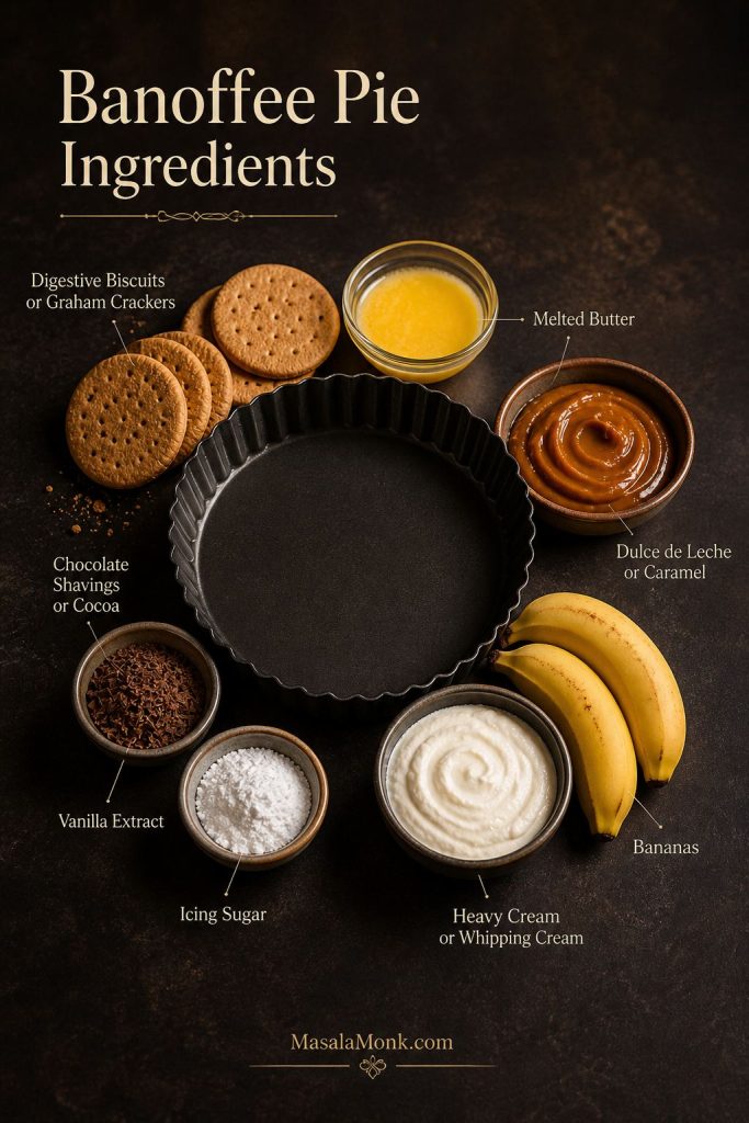 Banoffee Pie ingredients including biscuits, butter, caramel, bananas, cream, icing sugar, vanilla, and chocolate.
