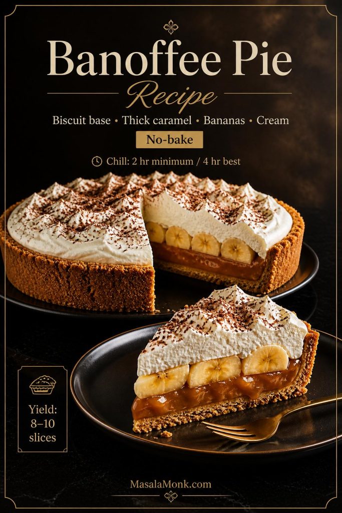 Banoffee Pie recipe card with a finished pie slice, no-bake label, chill time, yield, and core layers.