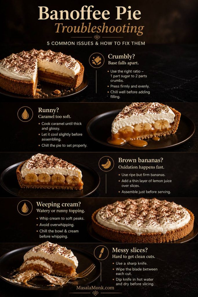 Banoffee Pie troubleshooting guide for crumbly base, runny caramel, brown bananas, weeping cream, and messy slices.