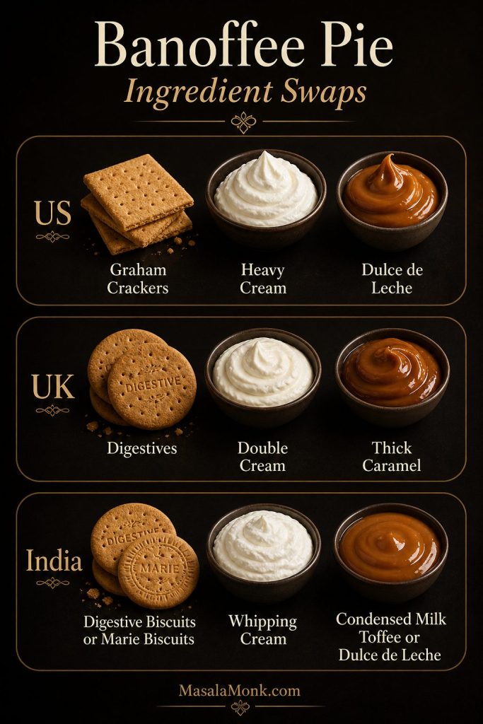 Ingredient swaps for Banoffee Pie in the US, UK, and India, including biscuits, cream, and caramel options.