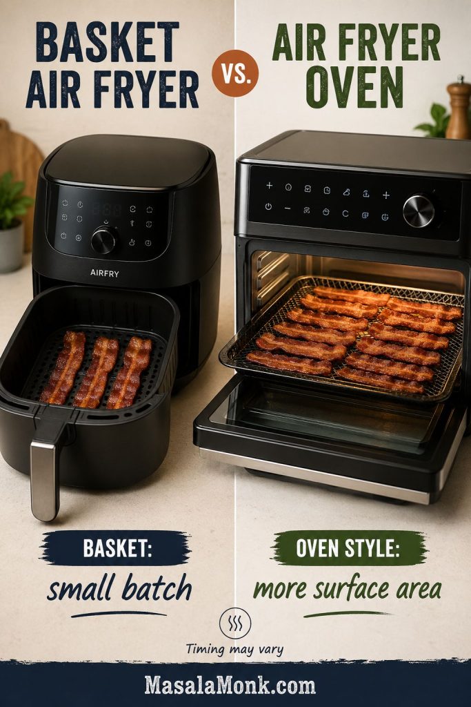 Basket air fryer and air fryer oven comparison showing bacon cooked in a small basket and on a larger tray.