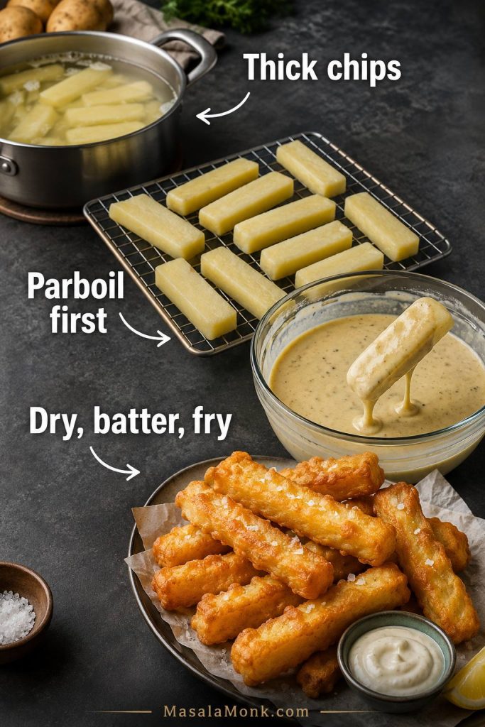 Thick battered chips shown with parboiling, drying, battering, and frying steps.