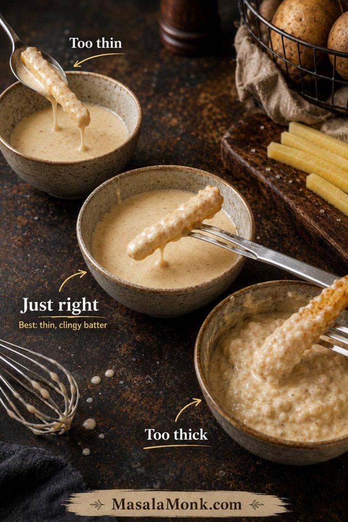 Three bowls of batter showing too thin, just right, and too thick textures for battered fries.
