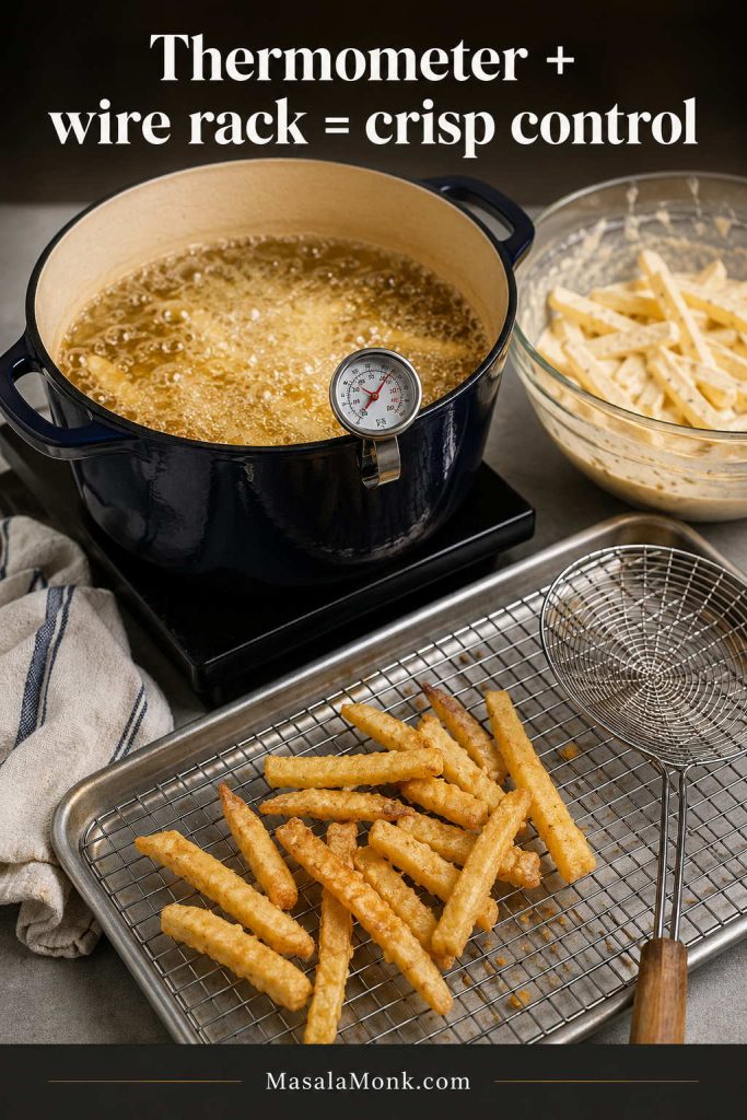 Frying setup for battered fries with a deep pot, thermometer, wire rack, skimmer, towel, and batter bowl.