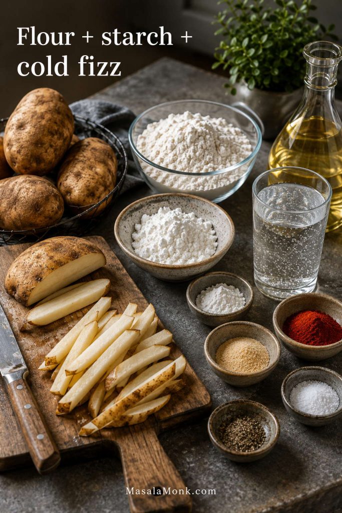 Ingredients for battered fries including potatoes, flour, starch, baking powder, seasonings, sparkling water, and oil.