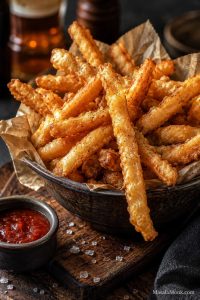 Golden battered fries in a bowl with a craggy crisp coating and dipping sauce on the side.
