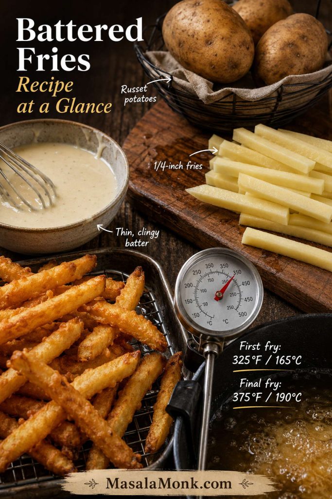 Battered fries guide showing russet potatoes, quarter-inch fries, thin batter, and first and final fry temperatures.