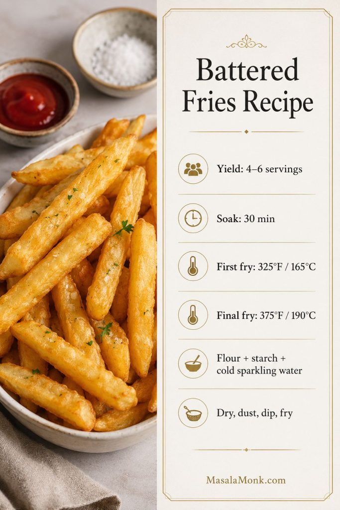 Saveable battered fries recipe card with yield, soak time, fry temperatures, batter ingredients, and method summary.