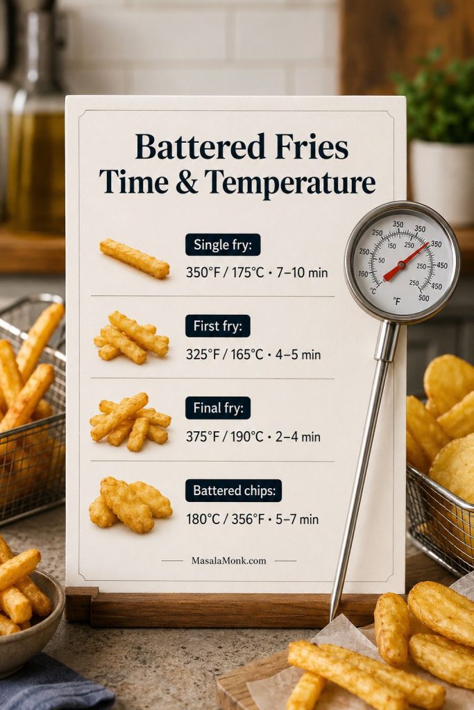 Time and temperature guide for battered fries with single fry, first fry, final fry, and battered chips temperatures.