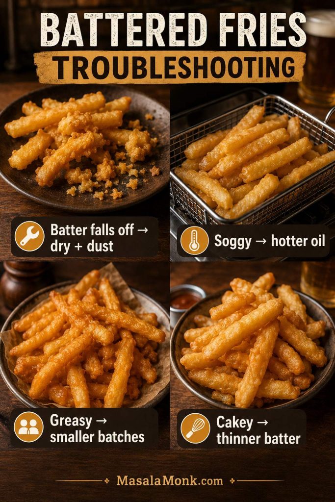 Troubleshooting board for battered fries showing fixes for batter falling off, soggy fries, greasy fries, and cakey coating.
