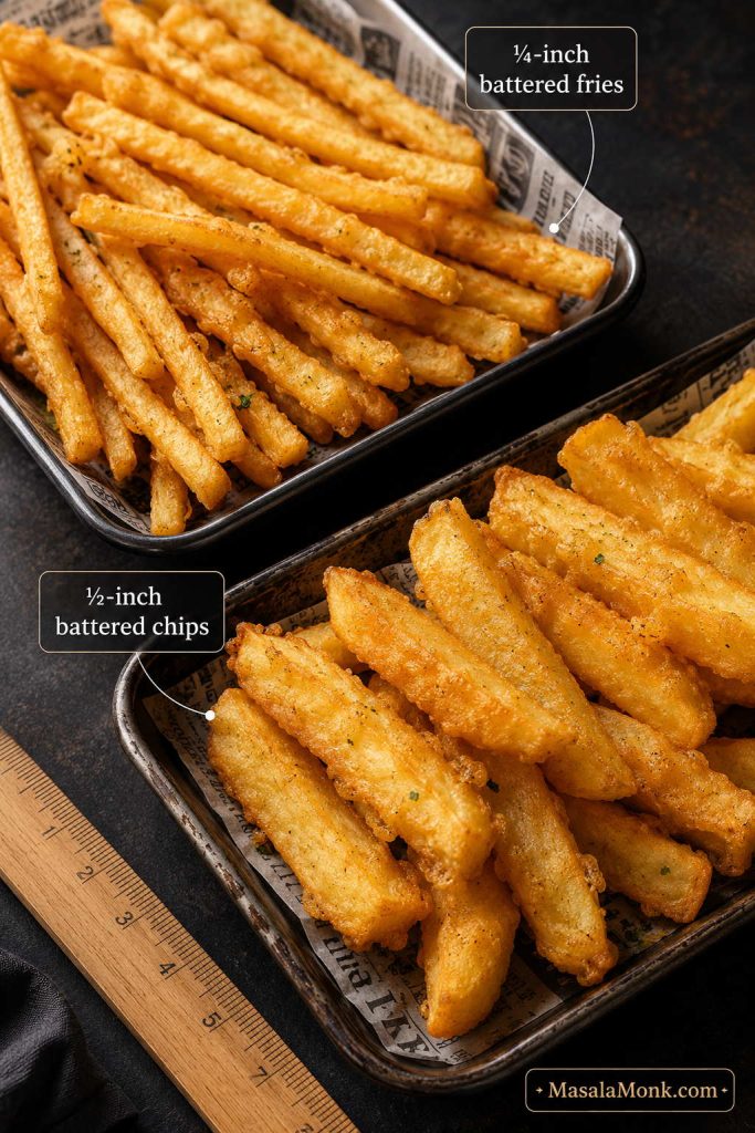 Thin battered fries and thicker battered chips shown with cut-size labels.
