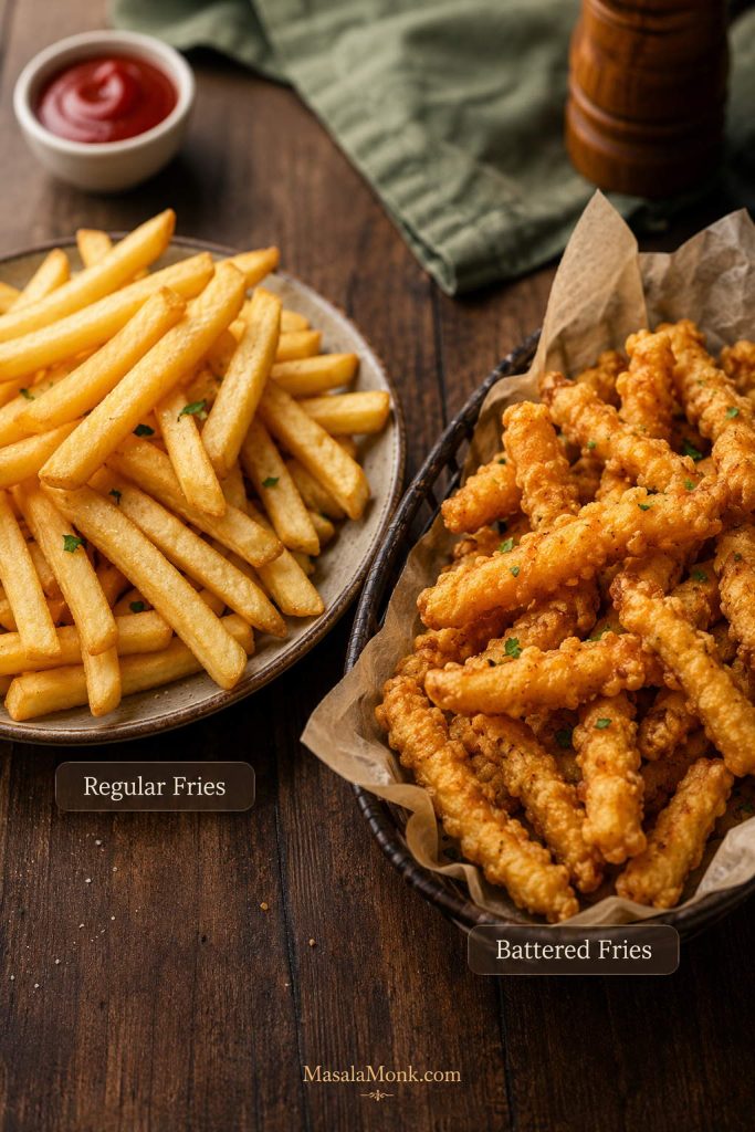 Regular fries and battered fries shown side by side to compare smooth fries with craggy coated fries.