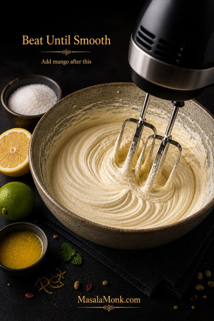 Bowl of cream cheese being mixed until smooth with a hand mixer, with citrus and sugar nearby.