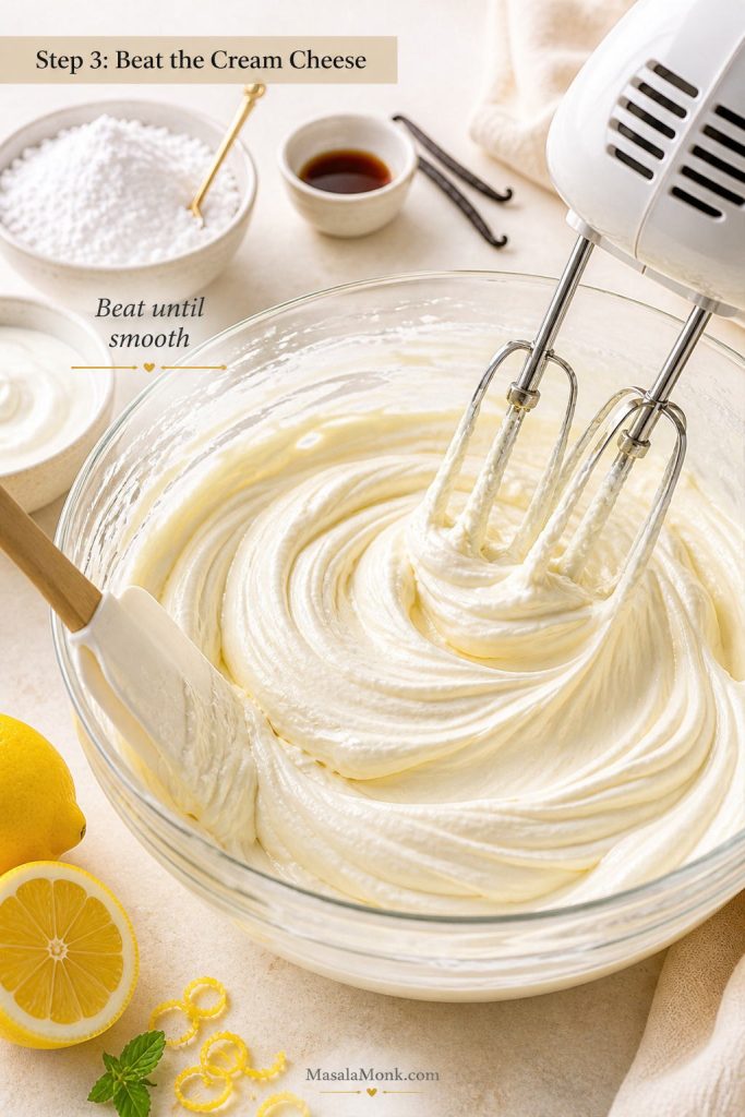 Cream cheese mixture being beaten smooth with powdered sugar, lemon, vanilla, and dairy ingredients nearby