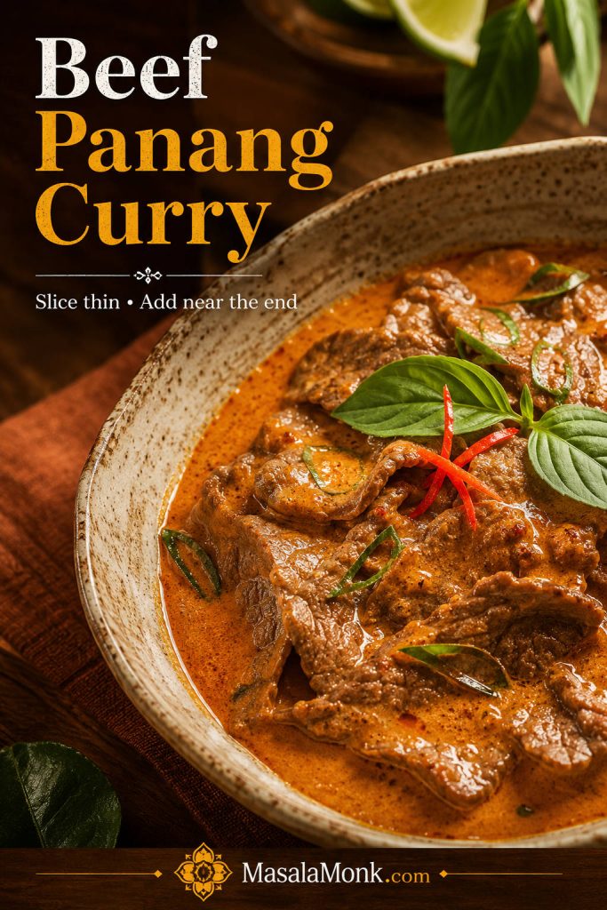 Beef Panang curry with thin slices of beef in orange-red coconut curry sauce, basil, makrut lime leaf garnish, and red chile.