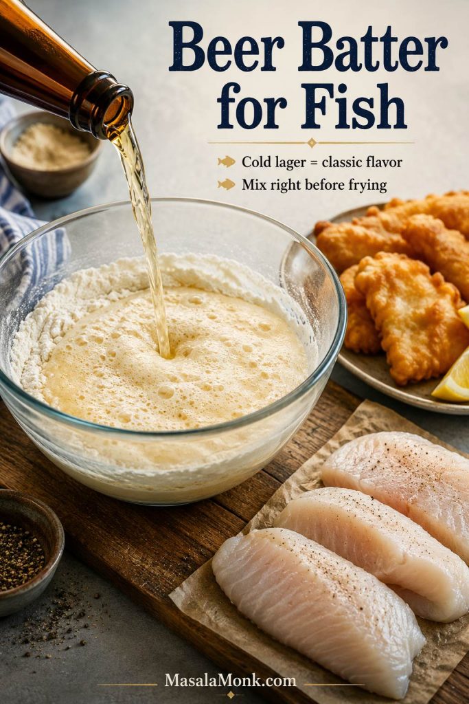 Beer being poured from an unlabeled bottle into fish batter, with raw white fish fillets and finished fried fish nearby