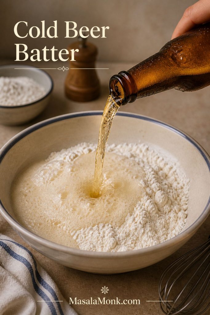 Cold beer being poured into flour and starch mixture to make beer batter for fish and chips.