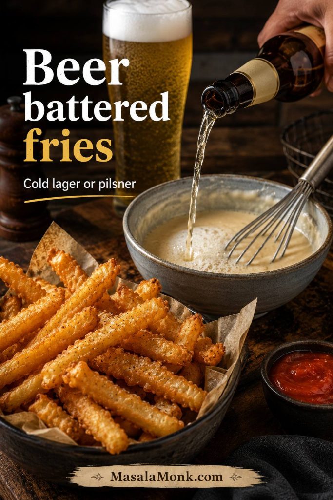 Beer being poured into batter with golden beer battered fries served nearby.