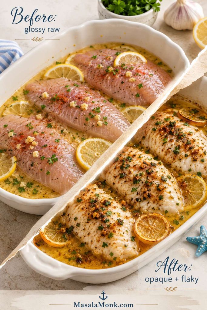 Before and after baked tilapia showing raw seasoned fillets and cooked opaque fillets with lemon and herbs.