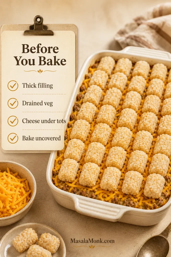 Tater tot casserole ready to bake with checklist for thick filling, drained vegetables, cheese under tots, and uncovered baking