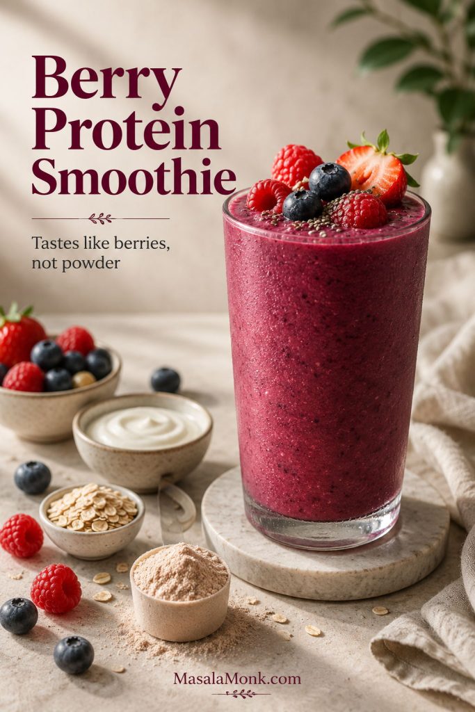 Berry protein smoothie with berries, yogurt, oats, chia, and a small scoop of protein powder.