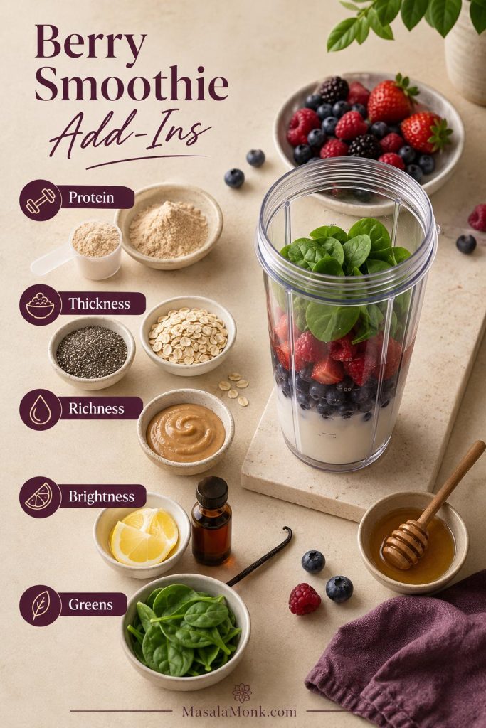 Berry smoothie add-ins guide showing protein powder, chia, oats, nut butter, spinach, lemon, vanilla, and sweetener.