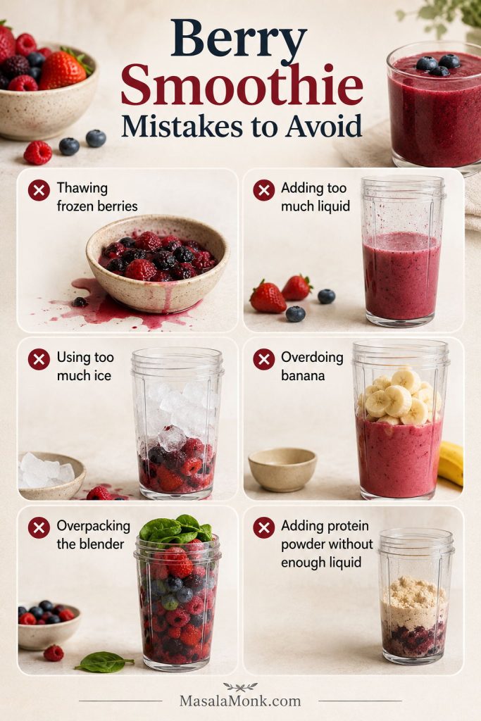Berry smoothie mistakes guide showing thawed berries, too much liquid, too much ice, too much banana, an overpacked blender, and dry protein powder.