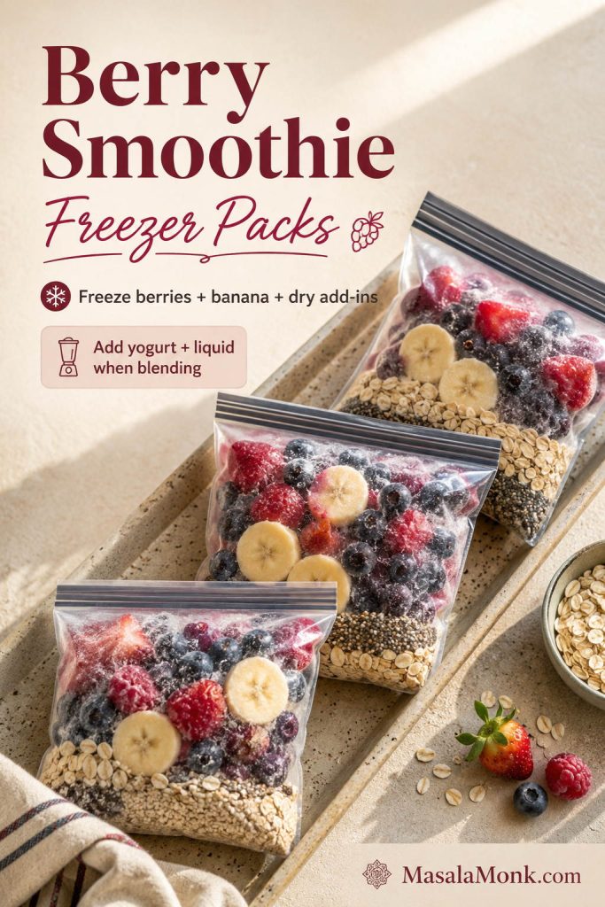 Berry smoothie freezer packs with frozen berries, banana slices, oats, and chia in freezer-safe bags.