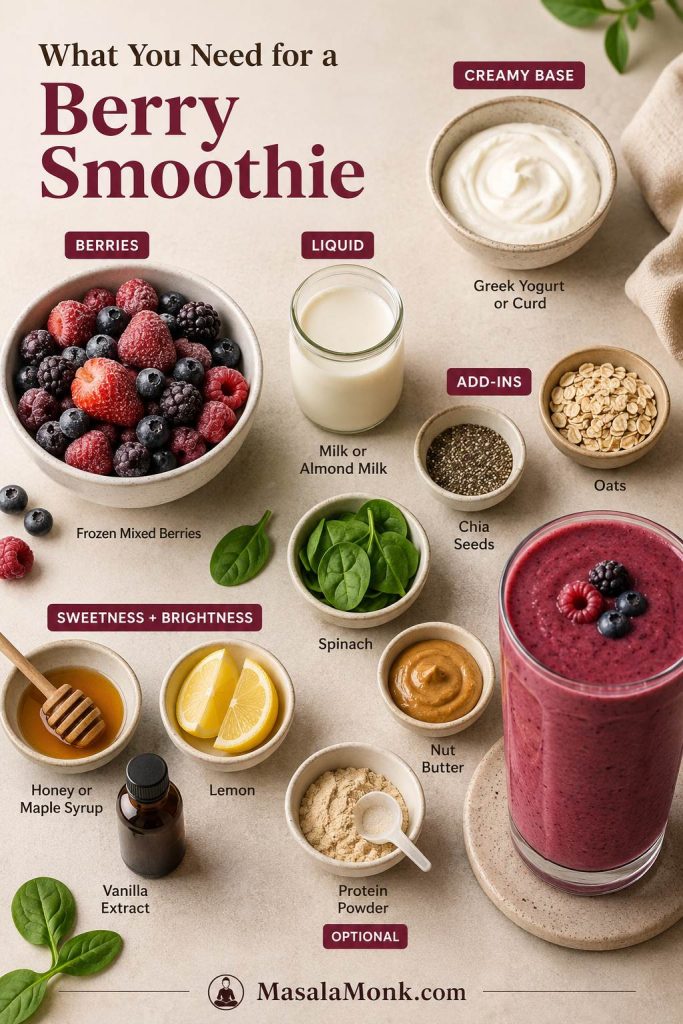 Berry smoothie ingredients including frozen berries, banana, yogurt, milk, oats, chia, spinach, nut butter, lemon, and sweetener.