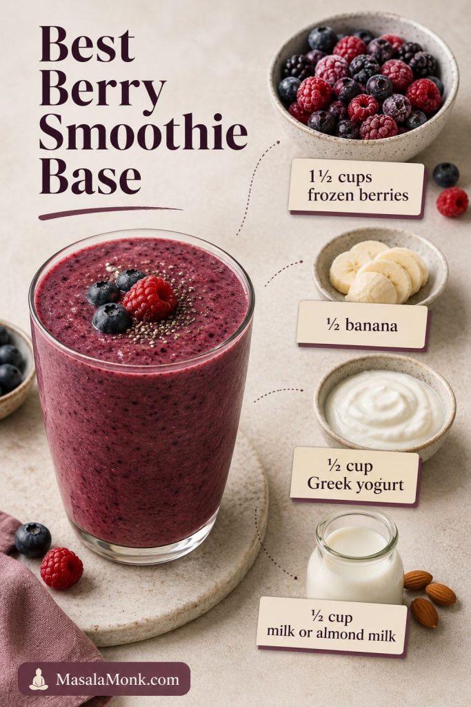Berry smoothie base ratio showing frozen berries, banana, Greek yogurt, and milk or almond milk.