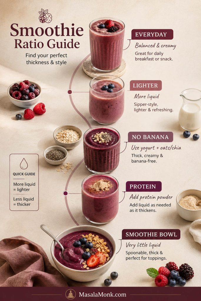 Smoothie ratio guide showing everyday, lighter, no banana, protein, and smoothie bowl versions.