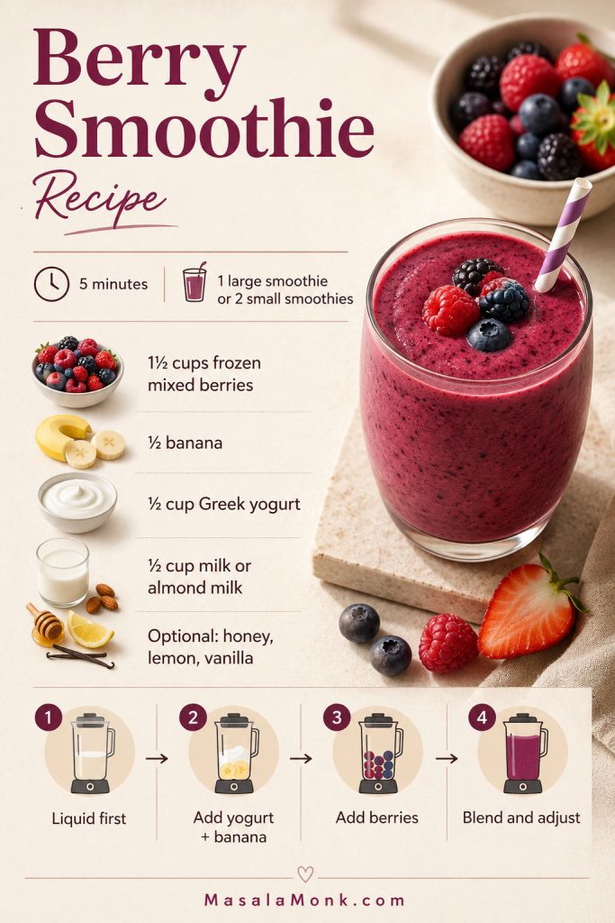 Saveable berry smoothie recipe card showing frozen berries, banana, Greek yogurt, milk, optional flavorings, and blending steps.