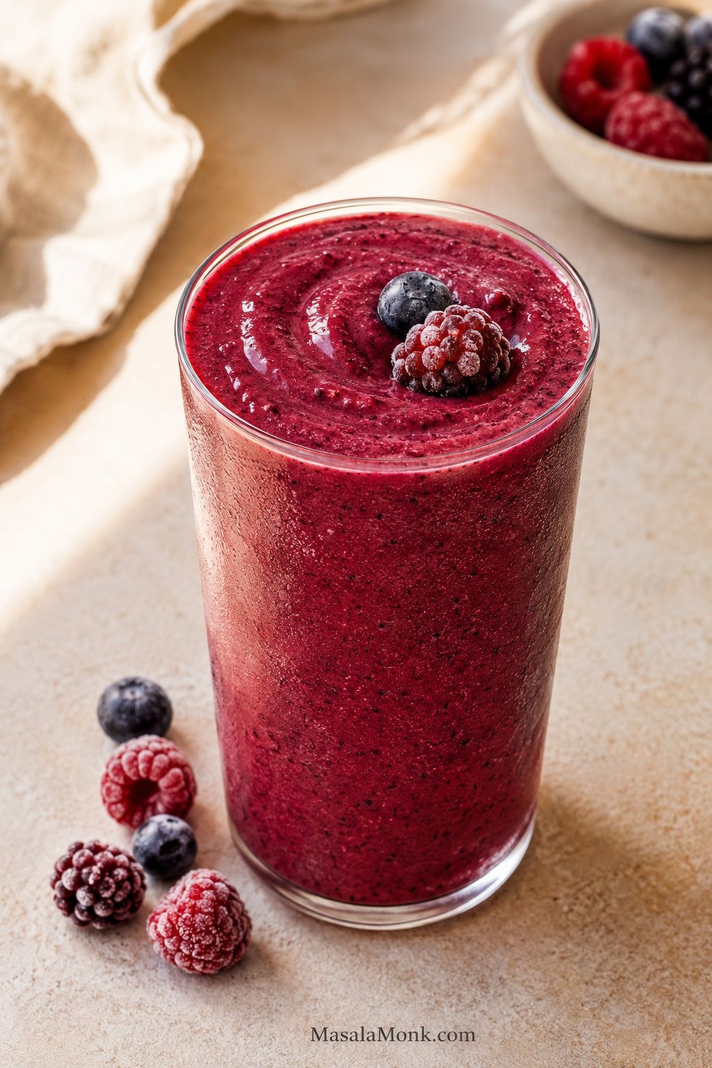 Thick berry smoothie in a clear glass with frozen mixed berries on a warm stone breakfast surface.