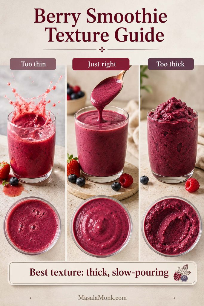 Berry smoothie texture guide showing too thin, just right, and too thick smoothie textures.