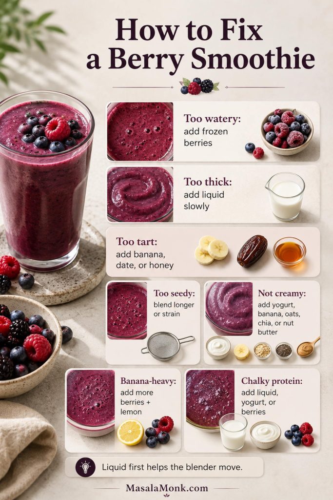 Berry smoothie troubleshooting guide showing fixes for watery, thick, tart, seedy, not creamy, banana-heavy, and chalky protein smoothies.