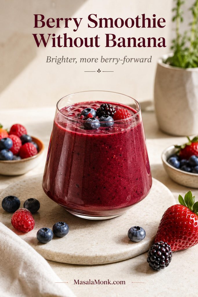 Berry smoothie without banana in a glass with mixed berries and a deeper berry-purple color.