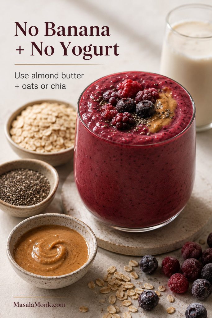 Berry smoothie without banana or yogurt shown with almond butter, oats, chia seeds, plant milk, and frozen berries.