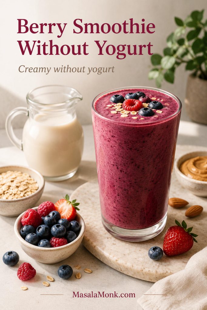 Berry smoothie without yogurt shown with plant milk, oats, nut butter, banana, and mixed berries.