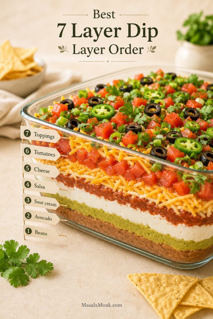 Side view of 7 layer dip in a glass dish with labeled layers for beans, avocado, sour cream, salsa, cheese, tomatoes, and toppings.
