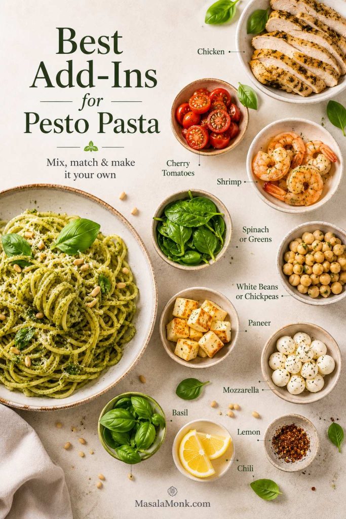 Add-ins for pesto pasta including chicken, tomatoes, shrimp, greens, beans, paneer and vegetables