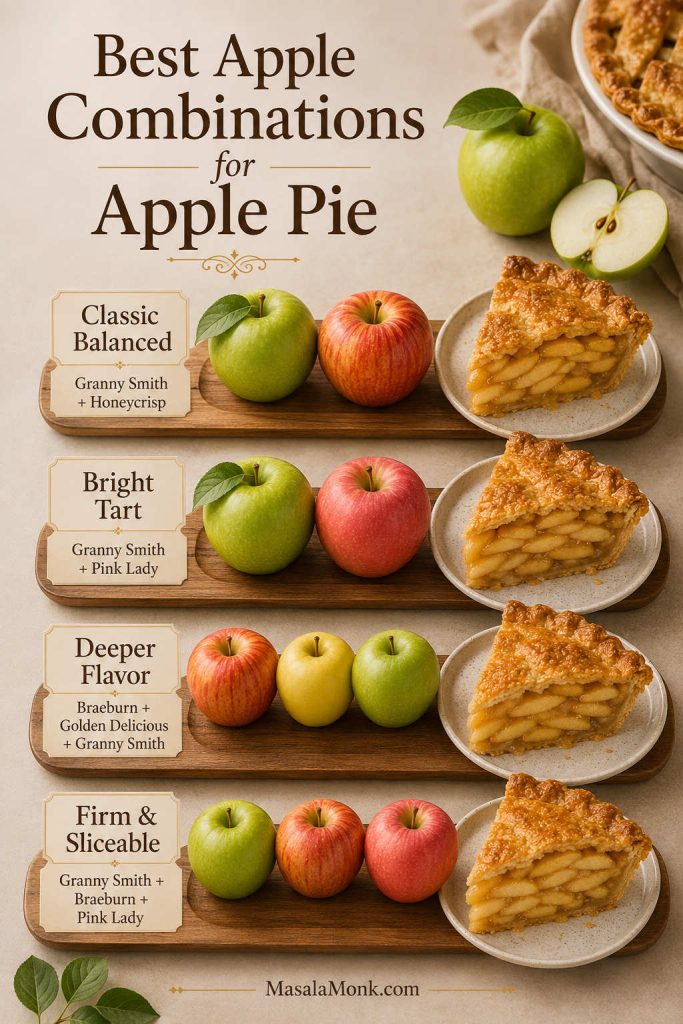 A guide to apple combinations for pie, showing blends for classic balanced, bright tart, deeper flavor, and firm sliceable fillings.