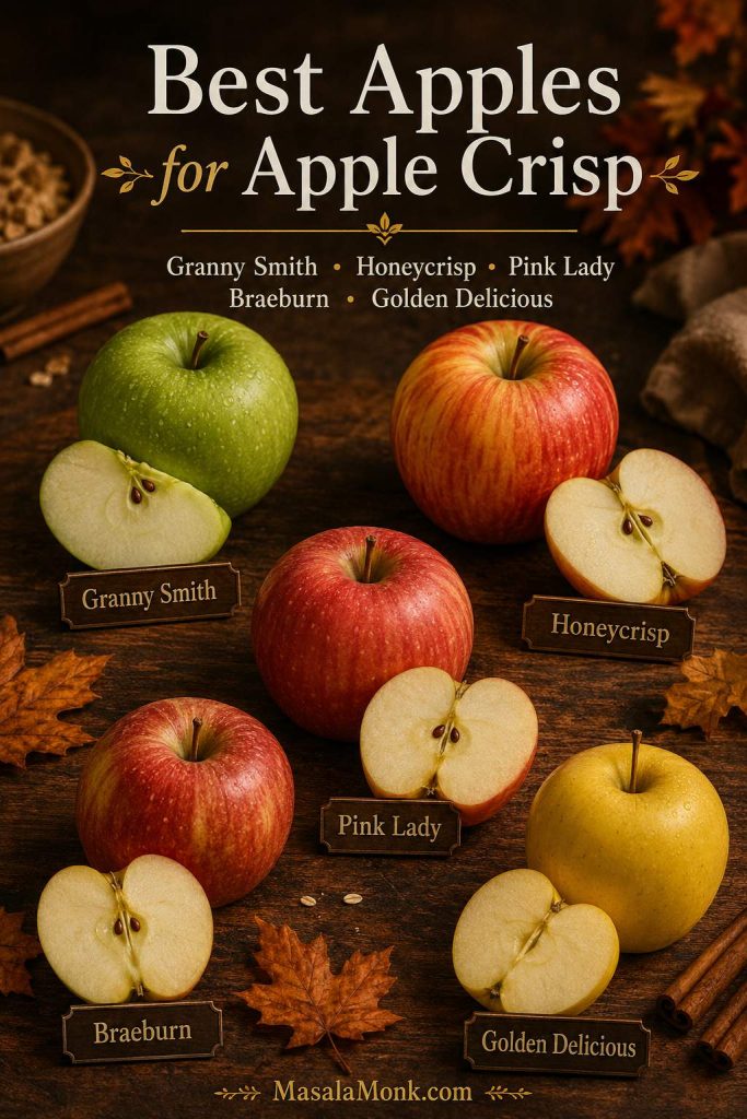 Best apples for apple crisp guide with Granny Smith, Honeycrisp, Pink Lady, Braeburn, and Golden Delicious apples.