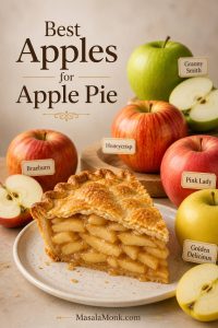 A slice of apple pie with layered apple filling beside Granny Smith, Honeycrisp, Braeburn, Pink Lady, and Golden Delicious apples.