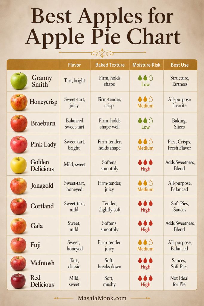 A comparison chart of apple varieties for pie, showing flavor, baked texture, moisture risk, and best use for each apple.