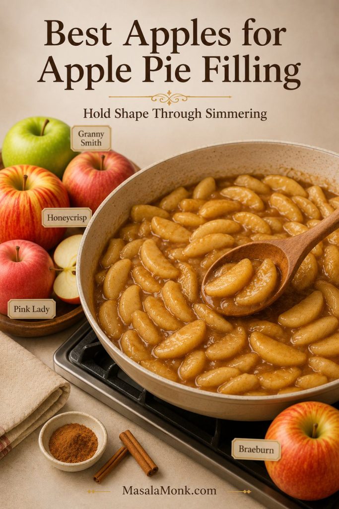 A pan of glossy cooked apple pie filling with apple slices holding their shape, shown with Granny Smith, Honeycrisp, Pink Lady, and Braeburn apples nearby.