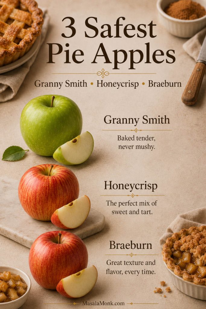 A quick-answer apple pie guide showing Granny Smith, Honeycrisp, and Braeburn as three reliable apples for pie.