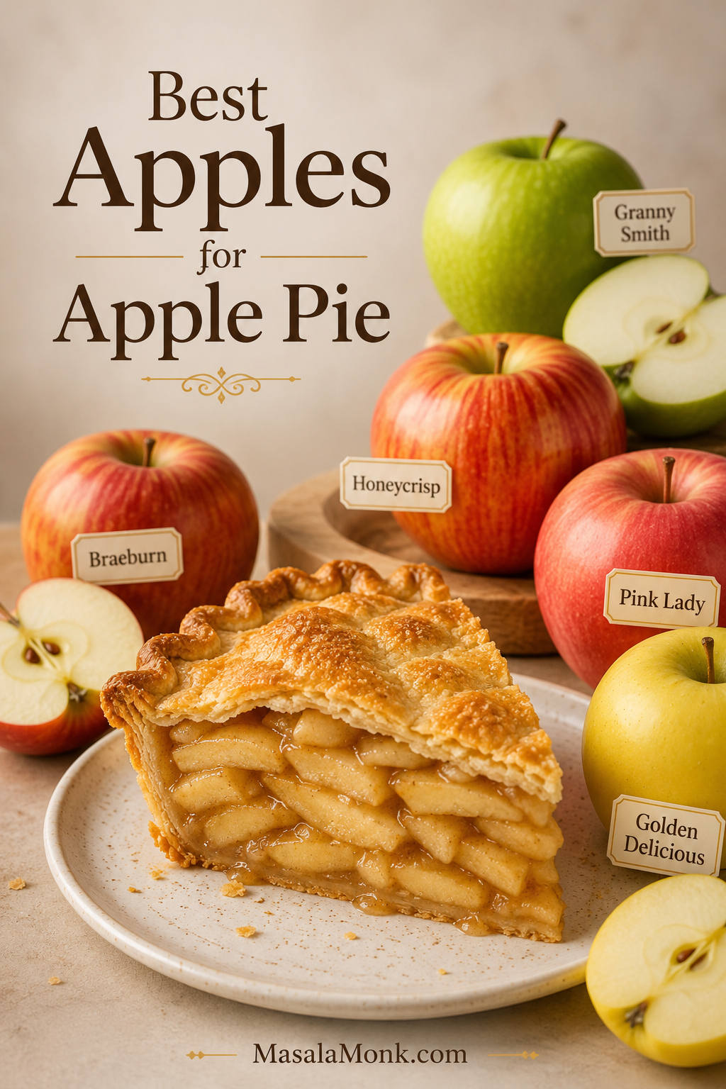 A slice of apple pie with layered apple filling beside Granny Smith, Honeycrisp, Braeburn, Pink Lady, and Golden Delicious apples.