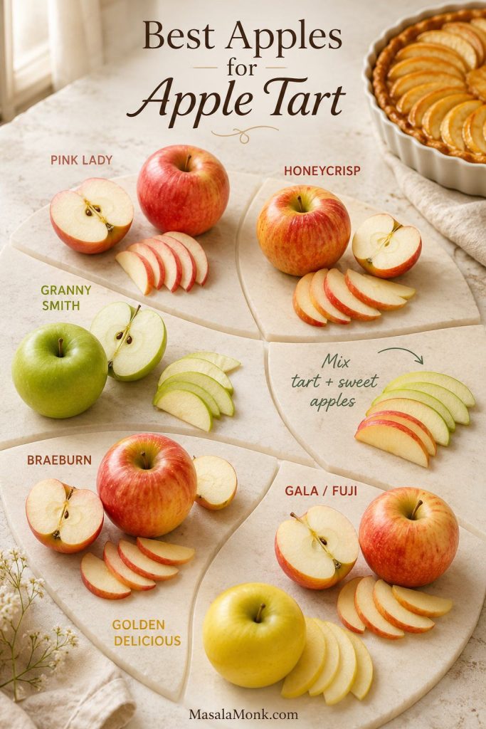 Apple variety guide for apple tart with Pink Lady, Honeycrisp, Granny Smith, Braeburn, Gala, Fuji, and Golden Delicious apples.