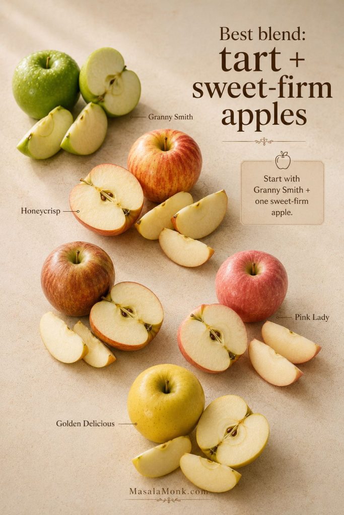 Apple selection board for Dutch apple pie with Granny Smith, Honeycrisp, Braeburn, Pink Lady, and Golden Delicious apples.