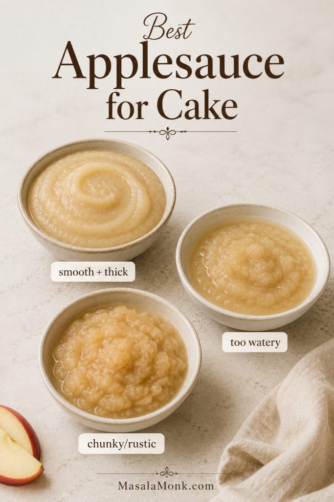 Three bowls comparing smooth thick applesauce, watery applesauce, and chunky applesauce for baking applesauce cake.
